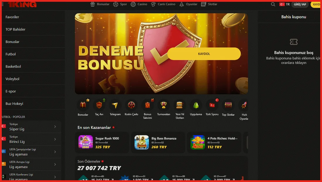 1 King ana sayfa görünümü: spor menüsü, deneme bonusu ve son kazananlar – Türkiye sürümü