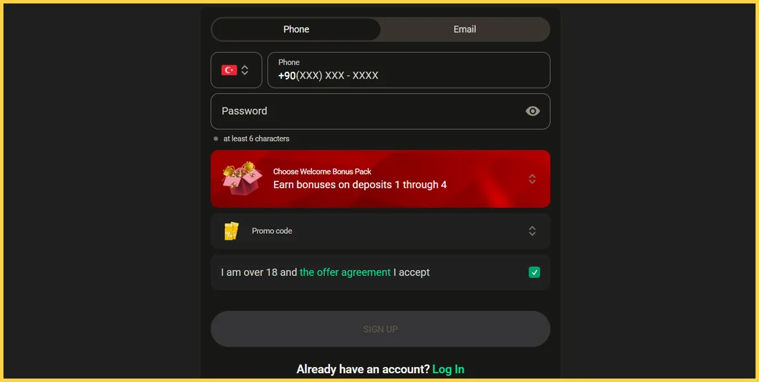 1 King kayıt formu: telefon veya e-posta, hoş geldin paketi seçimi ve promosyon kodu – Türkiye sürümü